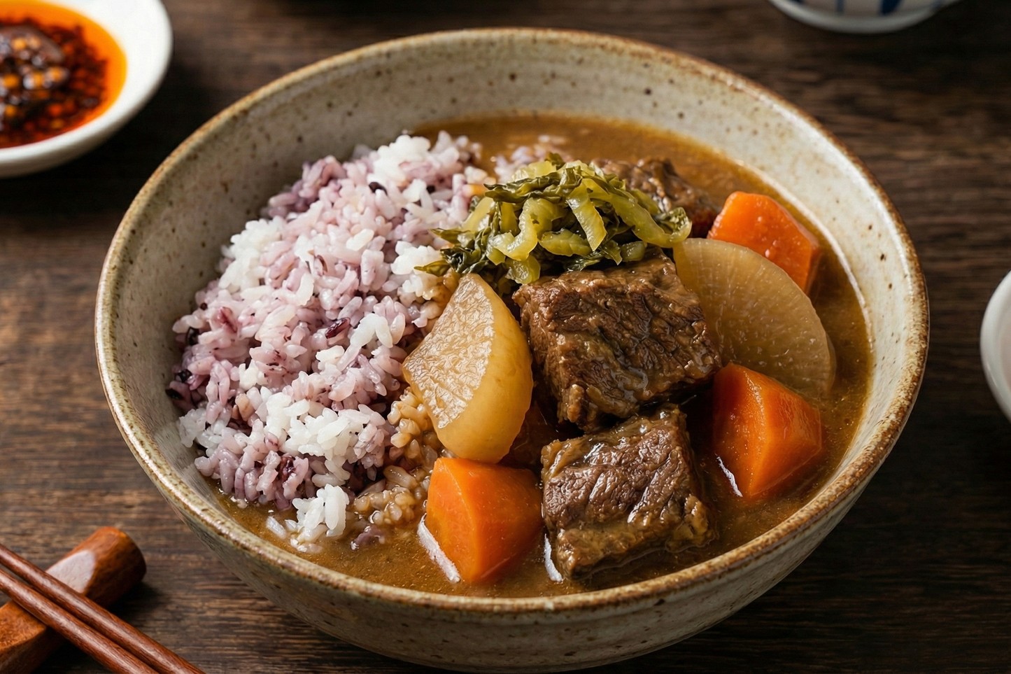 Bowl of Chinese beef stew with rice, carrot & daikon on a wooden table