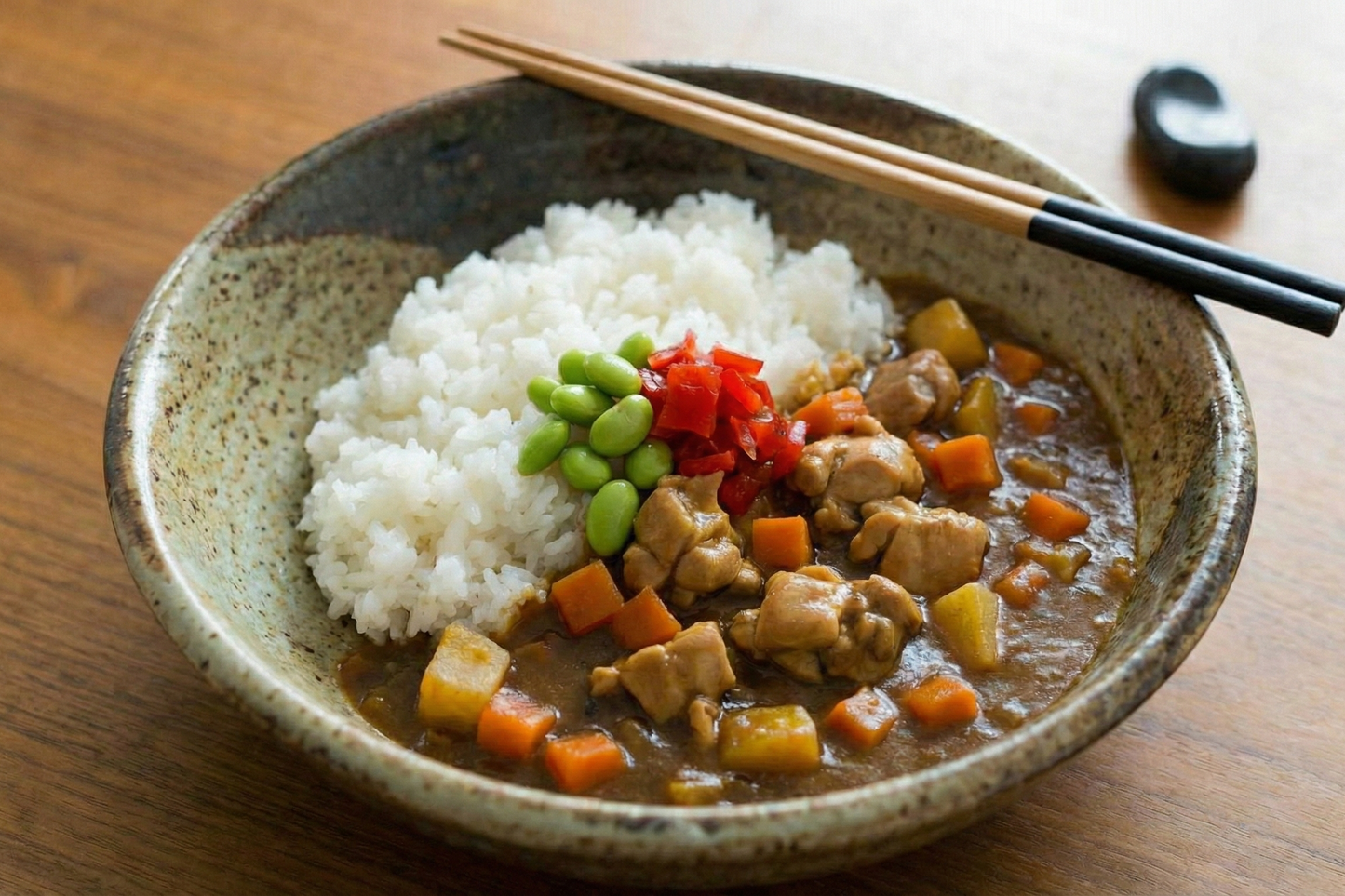 Bowl of Japanese curry with rice and vegetables on a wooden table