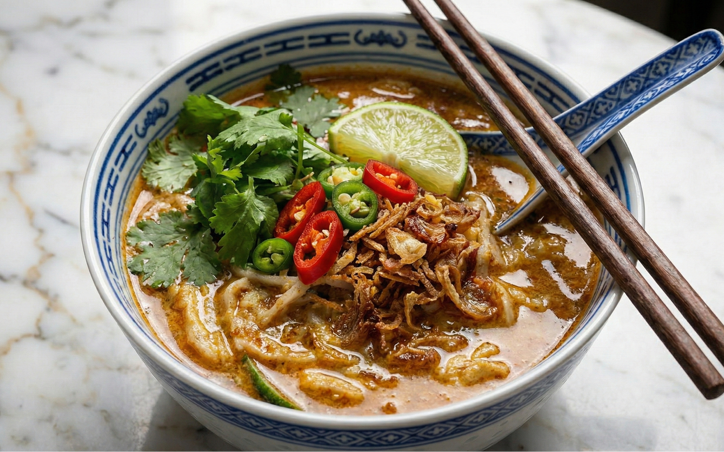 Bowl of laksa with noodles, vegetables, and a lime wedge on a marble surface