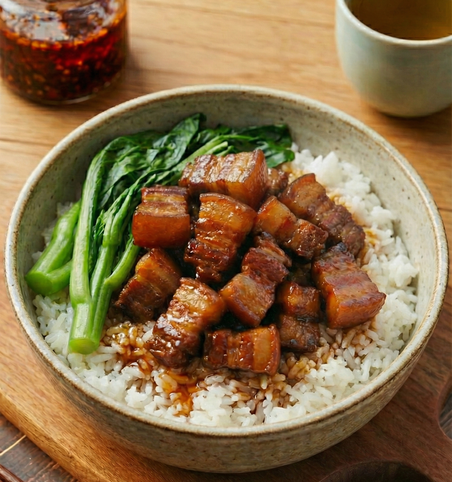 Bowl of rice with braised pork belly and greens on a wooden table with a cup of tea.
