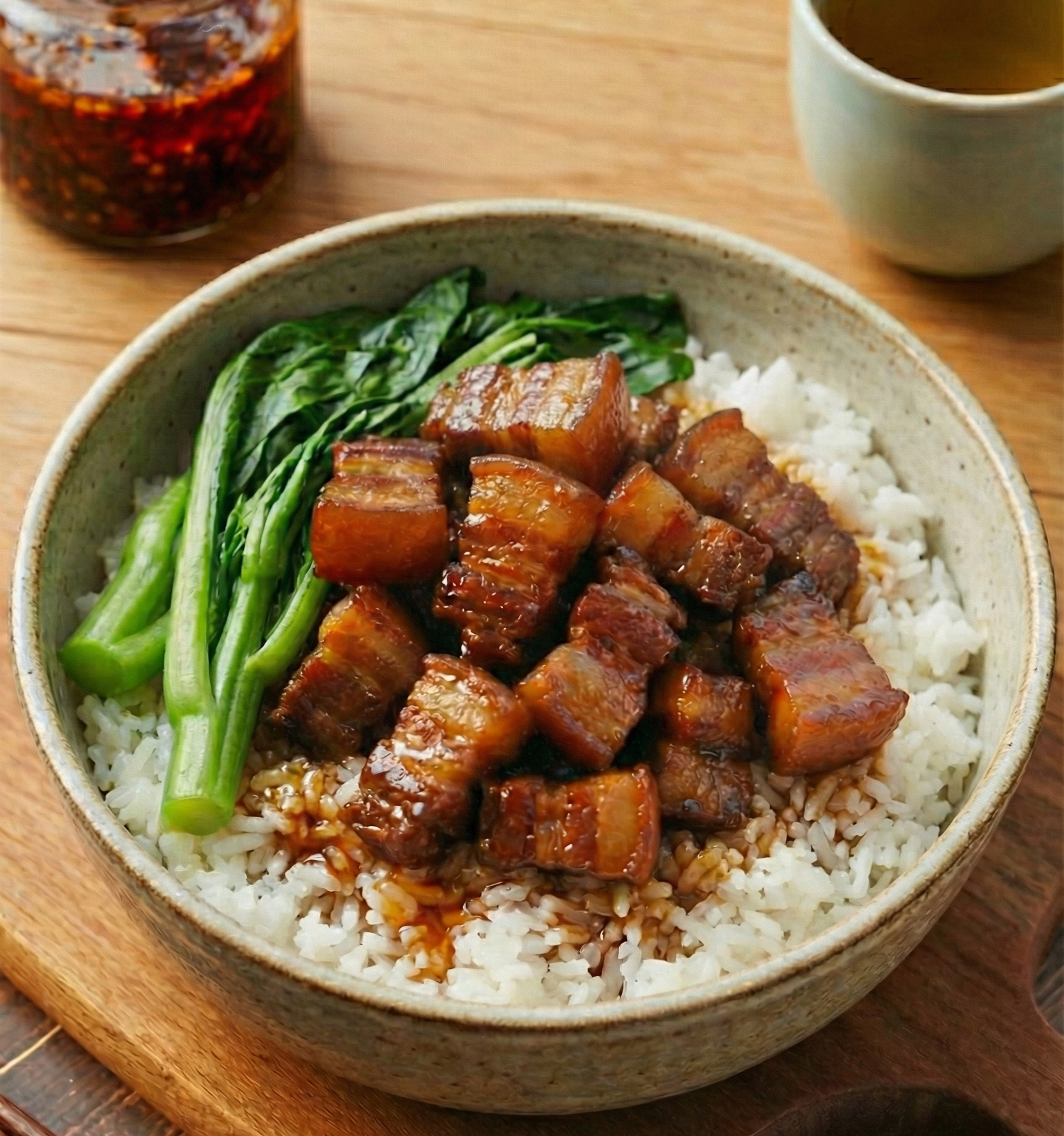 Bowl of rice with braised pork belly and greens on a wooden table with a cup of tea.