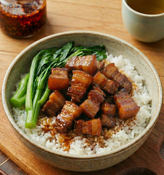 Bowl of rice with braised pork belly and greens on a wooden table with a cup of tea.