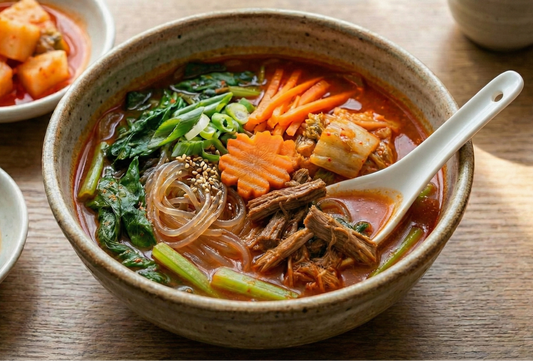 Bowl of Korean soup with noodles, vegetables, and beef on a wooden table.